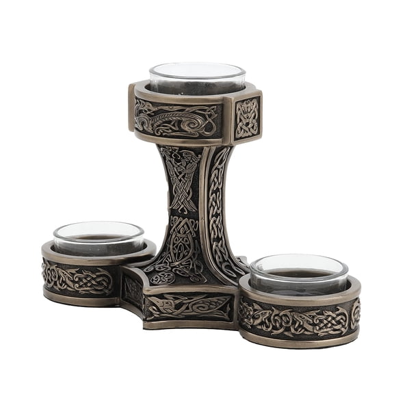 Veronese Design Mjolnir Hammer of Thor Triple Tealight Candle Holder Bronze Finish 4.88 Inch