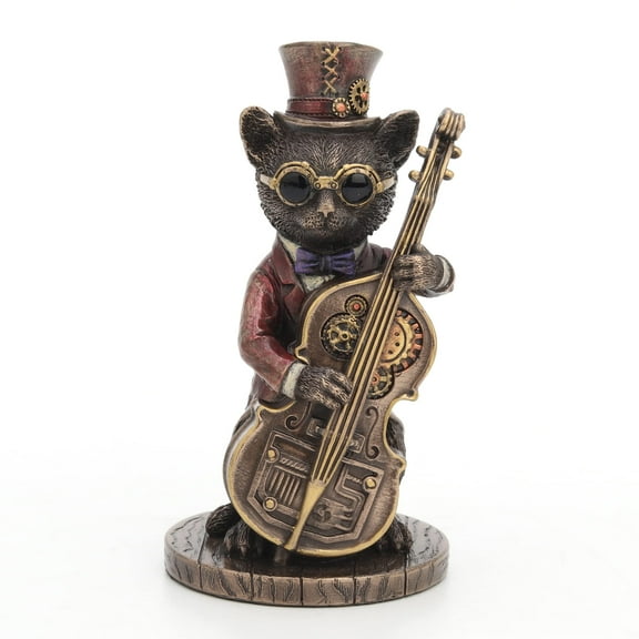 Veronese Design 5 1/4 Inch Tall Steampunk Cat Funky Fresh Jazz Bass Musician Resin Animal Figurine Bronze Finish