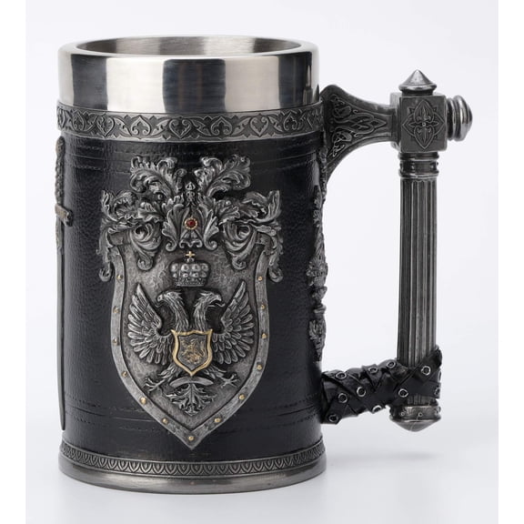 Veronese Design 6 1/4 Inch Double Headed Eagle Crest Axe Handle Beer Stein Cold Cast Resin Pewter Finish Statue Home Decor