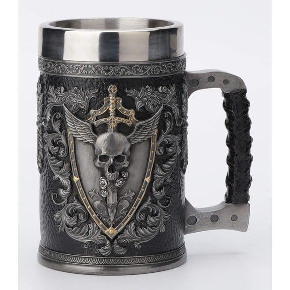 Veronese Design Teutonic Winged Skull Crest Beer Stein Cold Cast Resin Pewter Finish 6 1/4 In