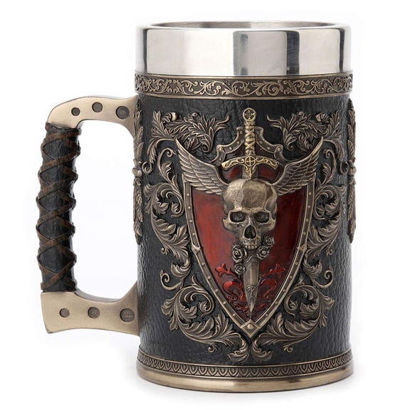 Veronese Design 6.25 Inch 0.5 L Winged Sword And Shield Skull Crest Beer Stein Stainless Steel Tumbler Antique Bronze Finish Sculpture Cup