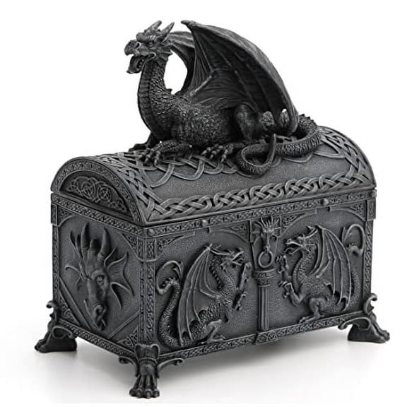Veronese Design 7.25" Tall Dragon Chest Decorative Trinket Box Resin Sculpture Black Stone Finish Statue Figurine Dungeons and Dragon Dice Box