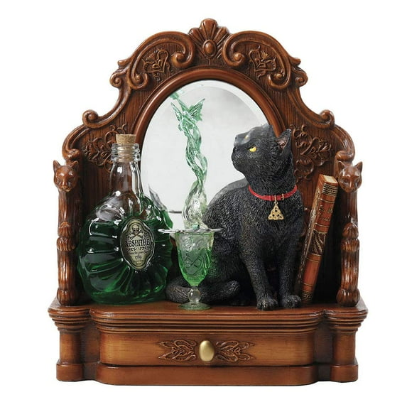 Veronese Design 8.5 Inch Lisa Parker Absinthe Fairy Black Cat Mirror with Drawer Polyresin Hand Painted Figurine Animal Sculpture