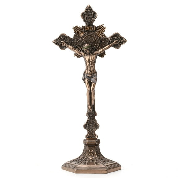Veronese Design 9 5/8 Inch Saint Benedict Crucifix with Stand Cold Cast Resin Sculpture Bronze Finish