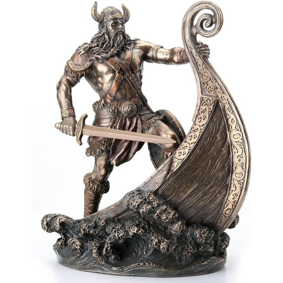 Veronese Design 9.5 Inch Norse Viking Warrior Standing On Long Ship Prow Antique Bronze Finish Statue