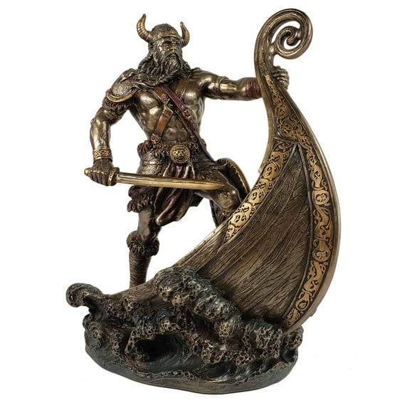 Veronese Design 9.5 Inch Norse Viking Warrior Standing On Long Ship Prow Antique Bronze Finish Statue