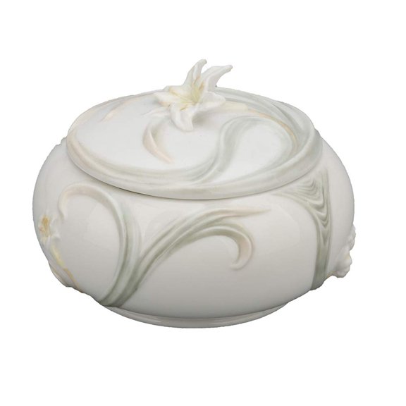 US 4.25 Inch Glazed Porcelain Round Yellow Tiger Lily Trinket Box