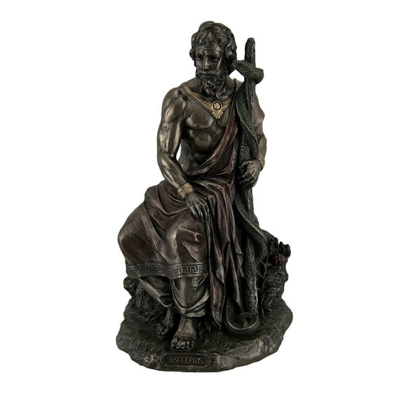 Veronese Design Asclepius Greek God of Medicine Holding Serpent Entwined Staff Bronzed Statue