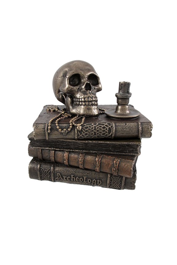 Bronze Wizard`s Study Books and Skull Trinket Stash Box
