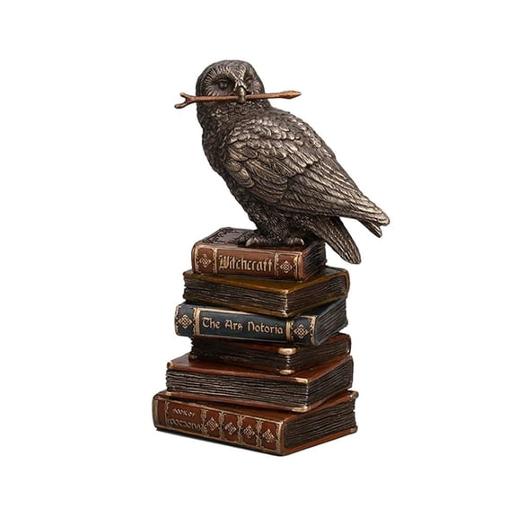Veronese Design Magic Wand Snowy Owl on Book Stack Cold Cast Resin Bronze Finish Statue 5 1/2 In