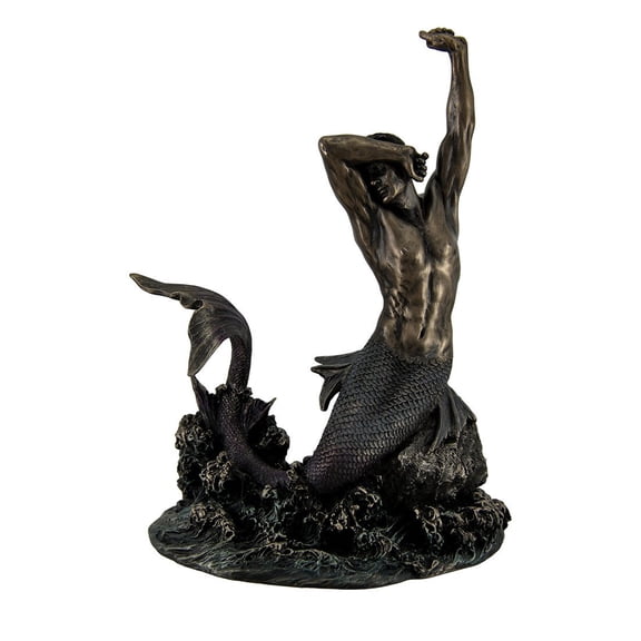 Veronese Design 7 7/8" Tall Merman Stretching on Rock Cold Cast Resin Antique Bronze Finish Sculpture Nautical Mermaid Statue