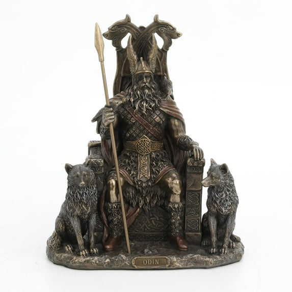 Veronese Design Resin Statues Norse God Odin On Throne with Wolves Bronze Finished Statue 7 X 10.25 X 4.75 Inches Bronze