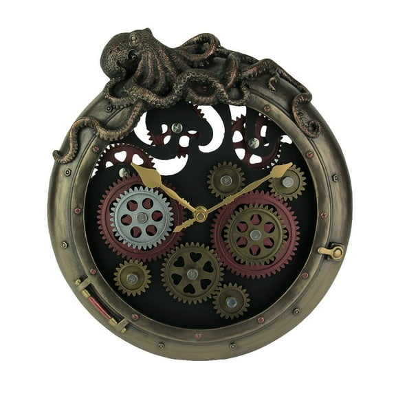 Veronese Design Steampunk Bronze Finish Octopus Porthole Wall Clock with Moving Gears