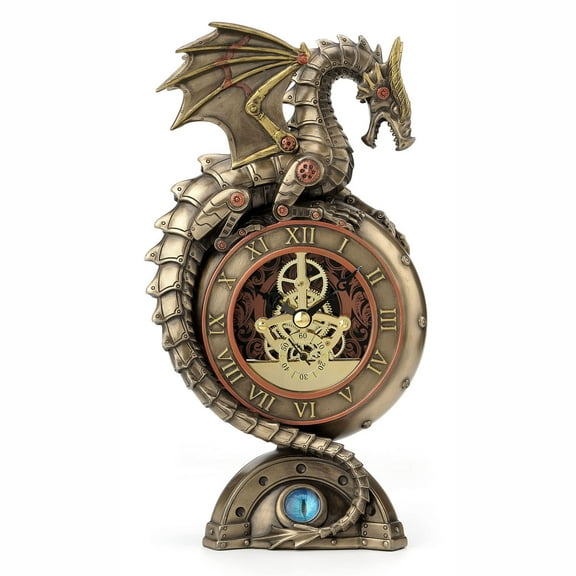 Veronese Design Steampunk Dragon Bronze Finish Table Clock with Moving Clockworks