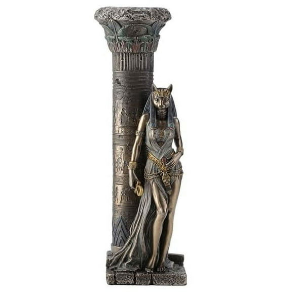 Veronese Resin Statues Egyptian Goddess Bastet Leaning On Pillar Statue 3 X 10.75 X 4.5 Inches Brown