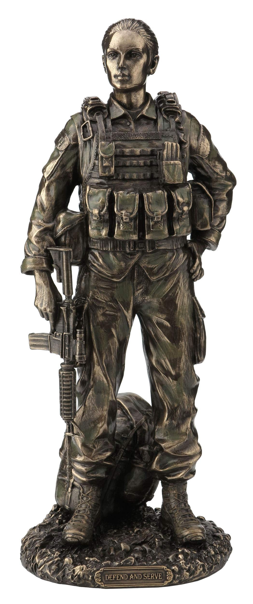 Bronze Finish Female Soldier Statue with Combat Gear