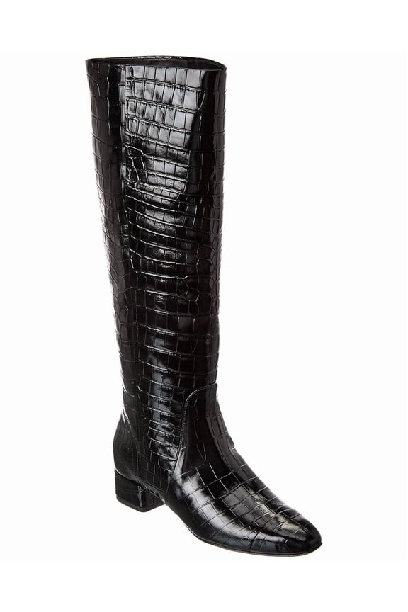 Cecile Croc-Embossed Leather Knee-High Boot, 5, Black