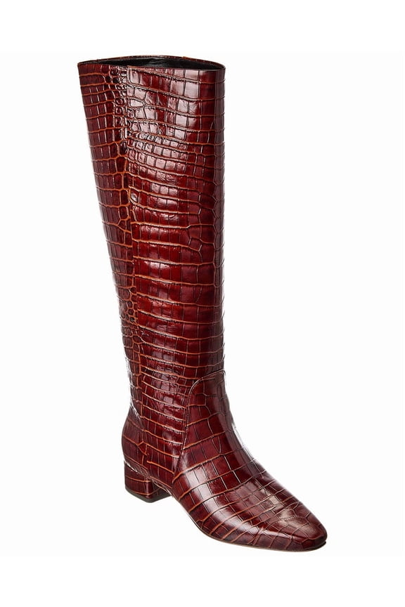 Cecile Croc-Embossed Leather Knee-High Boot, 5, Red