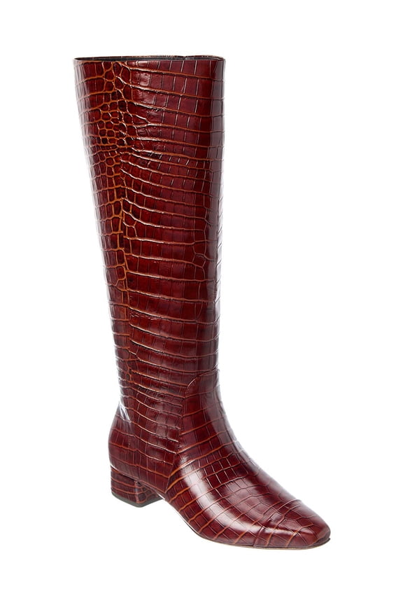 Cecile Wide Calf Croc-Embossed Leather Knee-High Boot, 6, Red