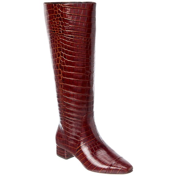 Veronica Beard Cecile Wide Calf Croc-Embossed Leather Knee-High Boot, 6, Red
