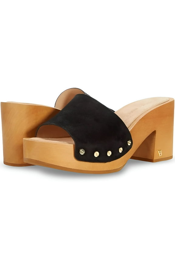 Women's Black Suede Hannalee Wooden Block Heel Sandals 10.5M