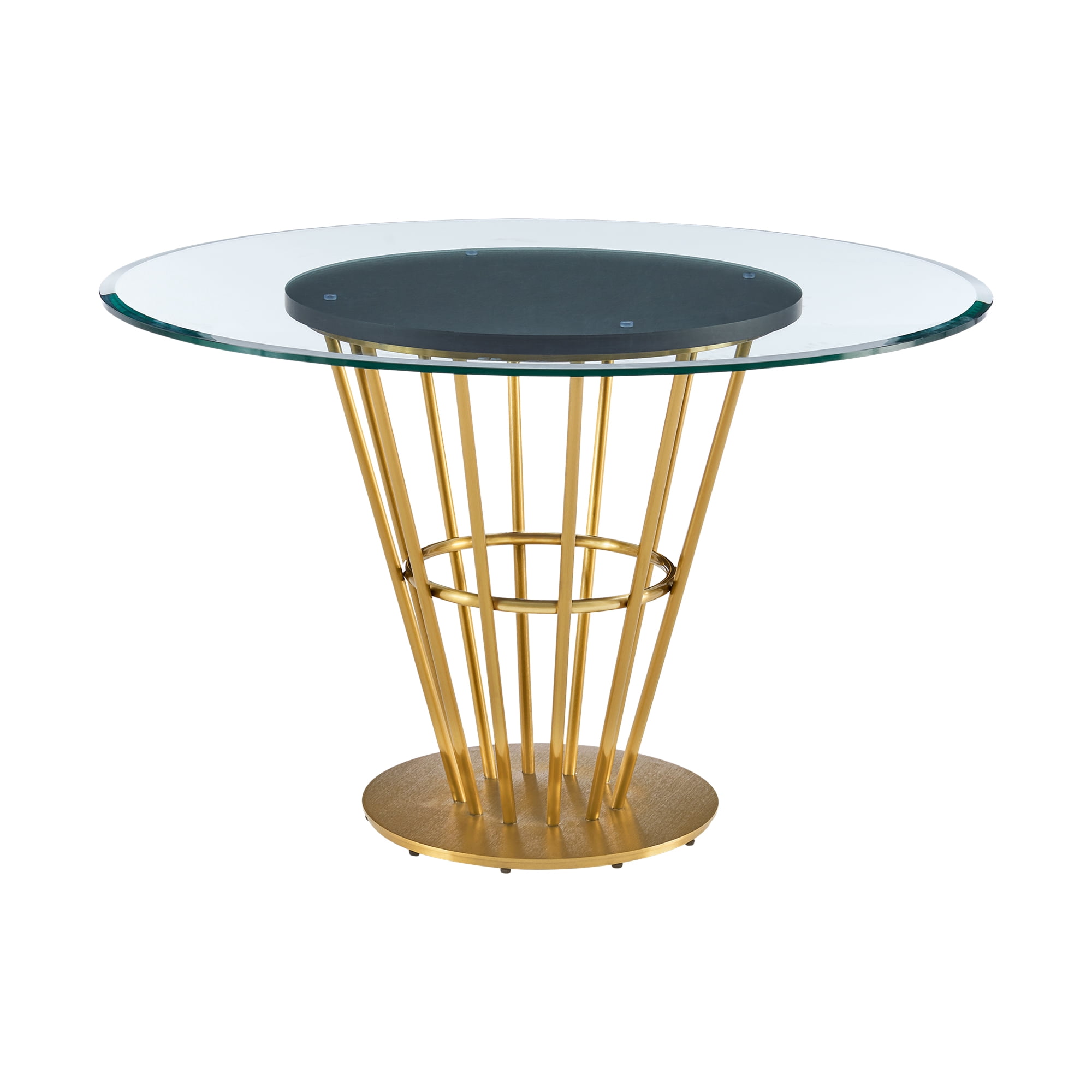 Veronica 48" Round Dining Table in Gold Stainless Steel Base with Walnut Panel and Glass Tabletop