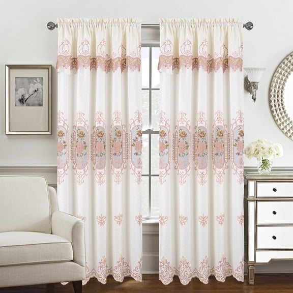Veronica Floral Macrame Jacquard Window Panel with Attached Valance, Beige-Blush, 55x84 Inches