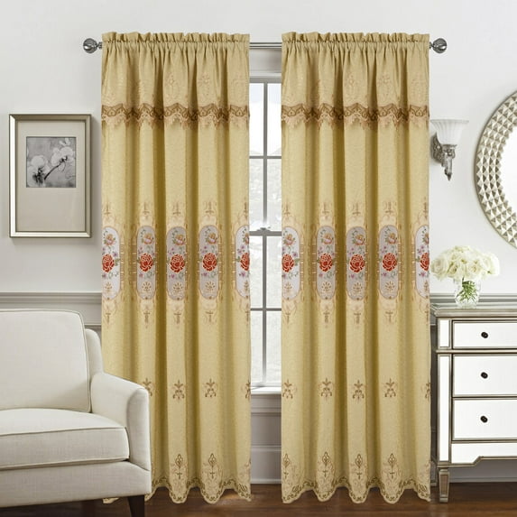 Veronica Floral Macrame Jacquard Window Panel with Attached Valance, Gold-Gold, 55x84 Inches