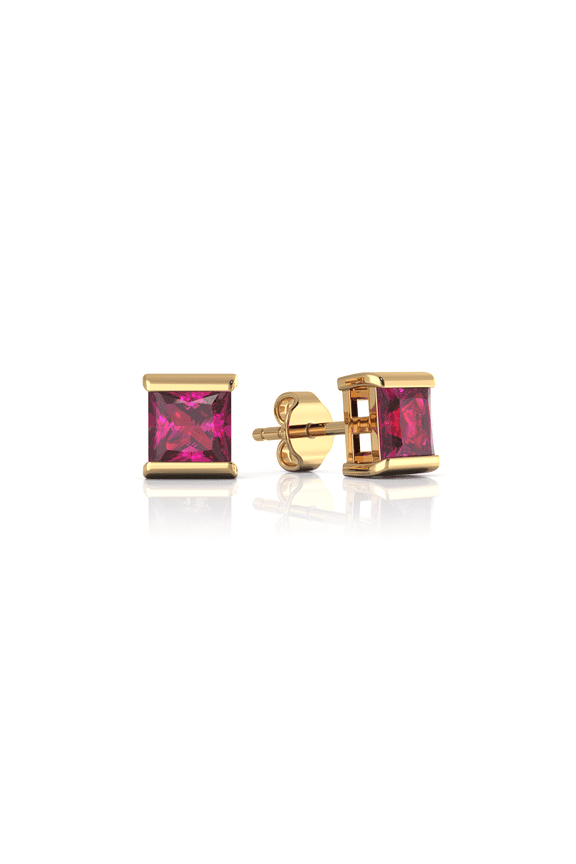 925 Sterling Silver Square Ruby Earrings Gold and Rhodium Plated, Mother's Day Gift, Cttw 3.35 Square Cut 6MM Created Ruby