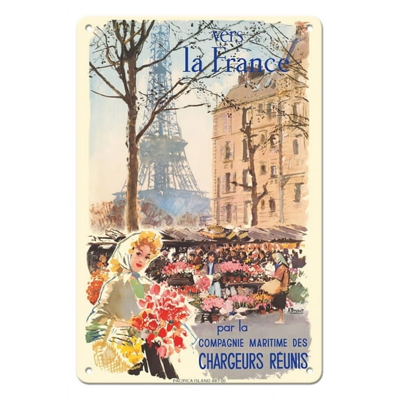 Vers la France (To France) - Paris - Eiffel Tower - Chargeurs Réunis - Vintage Ocean Liner Travel Poster by Albert Brenet c.1950s - 8 x 12 inch Vintage Metal Tin Sign