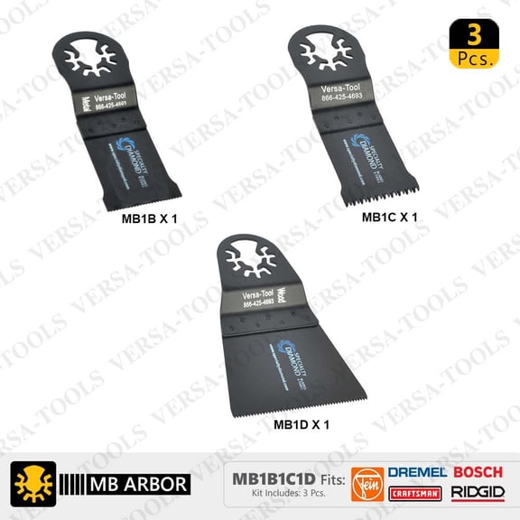 Versa Tool MB1B1C1D 3 PC Multi Tool Saw Blade Set (MB1B,1C,1D) Fits Fein Multimaster, Dremel, Bosch, Craftsman, Ridgid Oscillating Tools