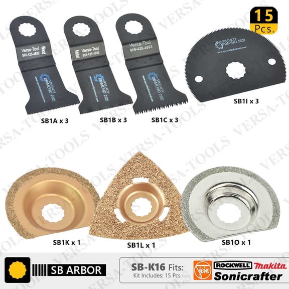 Versa Tool SB-K16 15 PC Universal Oscillating Saw Blade Set for Fein Multimaster, Rockwell, Sonicrafter, Makita Oscillating Tools (SB3A,3B,3C,3I,1O,1L,1K)