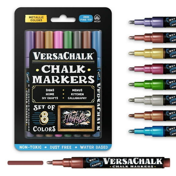 VersaChalk Metallic Chalk Markers, 8-Pack, 3mm Fine Tip, Wet-Erase, Non-Toxic