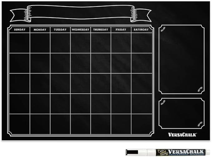 VersaChalk Decal Wall Calender I Chalkboard I Timetable I Planner I Vinyl Black 24x36 Inches I Comes W/White Chalk Ink Marker 3mm Fine Tip