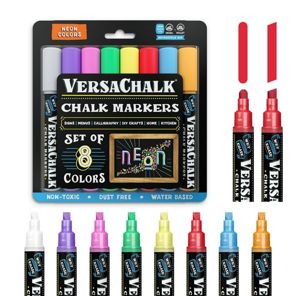 VersaChalk Neon Chalk Markers, 8-Pack, 5mm Bold Tip, Wet-Erase, Non-Toxic