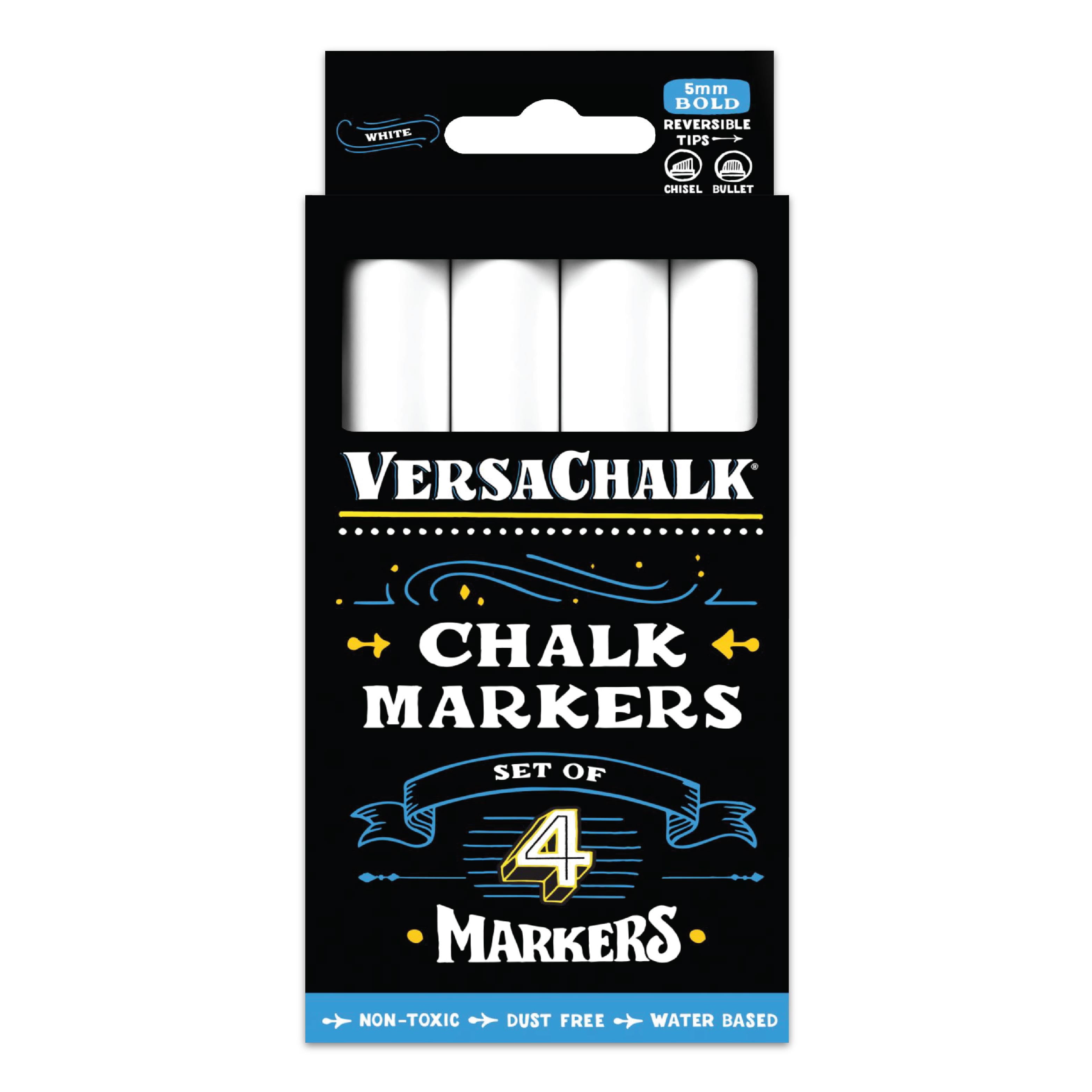 VersaChalk Liquid Chalk Markers Bright White, 6mm Bold Tip, 4 Pack