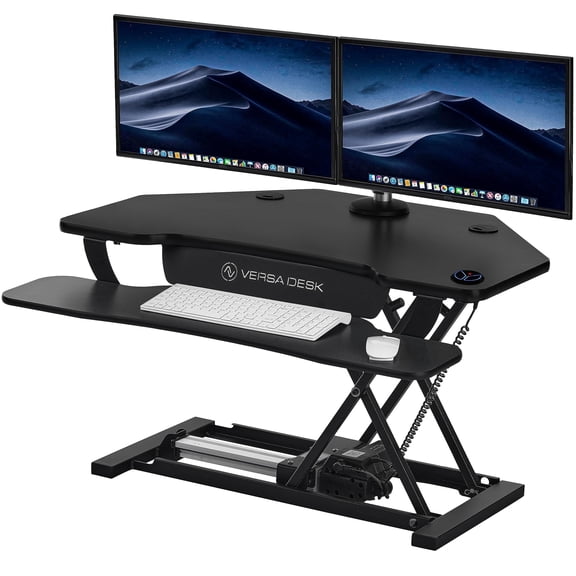 VersaDesk PowerPro Smart Corner Electric Standing Desk Converter - Steel & MDF, 2-Tier Sit-Stand, Programmable Height | Black, 36
