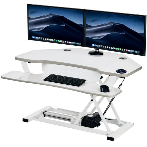 VersaDesk PowerPro Smart Corner Electric Standing Desk Converter - Mdf & Metal, 2-Tier Sit-Stand with Programmable Height | White, 36" x 31"