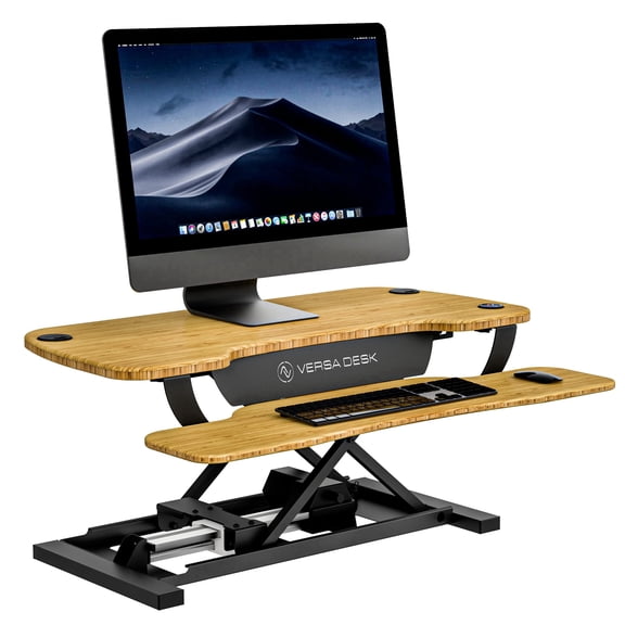 VersaDesk PowerPro Electric Standing Desk Converter - Adjustable Sit Stand Workstation for Home & Office w/ USB Charging Port | Black / Light Brown (36x24)
