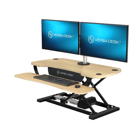 VERSADESK® PowerPro™ 36” Electric Standing Desk Converter - Wood & Steel Sit-to-Stand Riser w/ Keyboard Tray & USB Hub, | Maple, 36”x24”