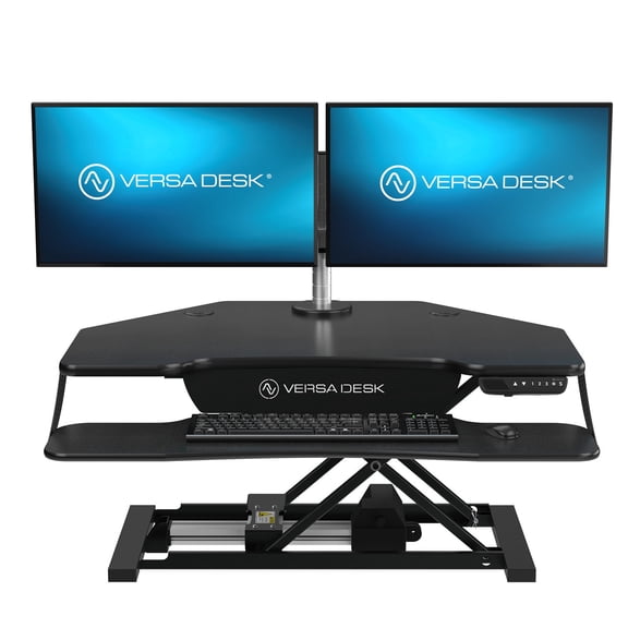 VersaDesk PowerPro Elite Corner Electric Standing Desk Converter, Programmable Height Adjustment, USB Charging Port, Mobile App Control – Black / 36" x 31"