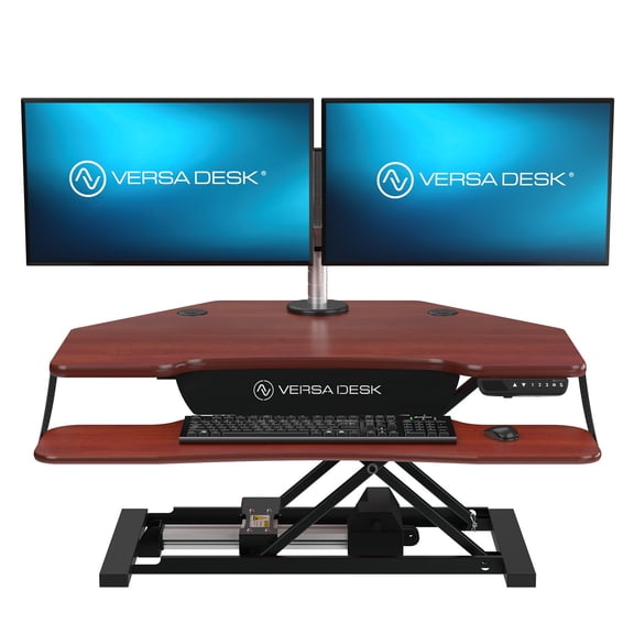 VersaDesk PowerPro Elite Corner Electric Standing Desk Converter, Programmable Height Adjustment, USB Charging Port, Mobile App Control – Cherry / 36" x 31"