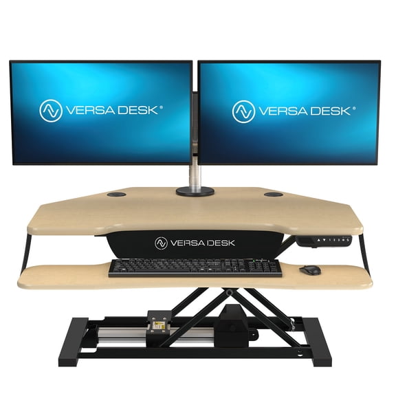 VersaDesk PowerPro Elite Corner Electric Standing Desk Converter, Programmable Height Adjustment, USB Charging Port, Mobile App Control – Maple / 36" x 31"