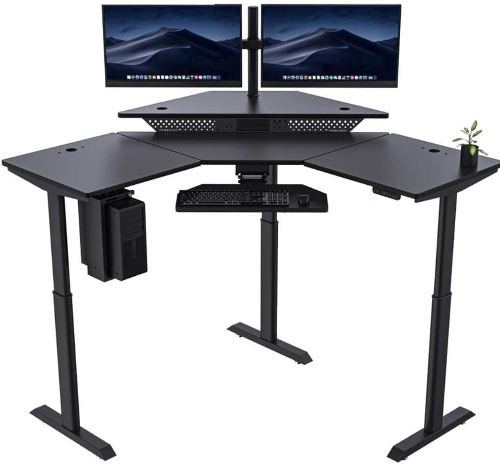 VersaDesk® PowerLift Corner Electric Desk Workstation, Electric Corner Desk Adjustable Height L-Shaped Office Desk with Programmable Controls | Black Surface (60" x 60")