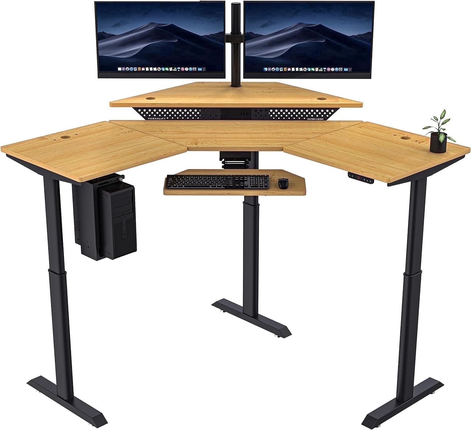 VersaDesk® PowerLift Corner Electric Desk Workstation, Electric Corner Desk Adjustable Height L-Shaped Office Desk with Programmable Controls | Maple Surface (60" x 60")