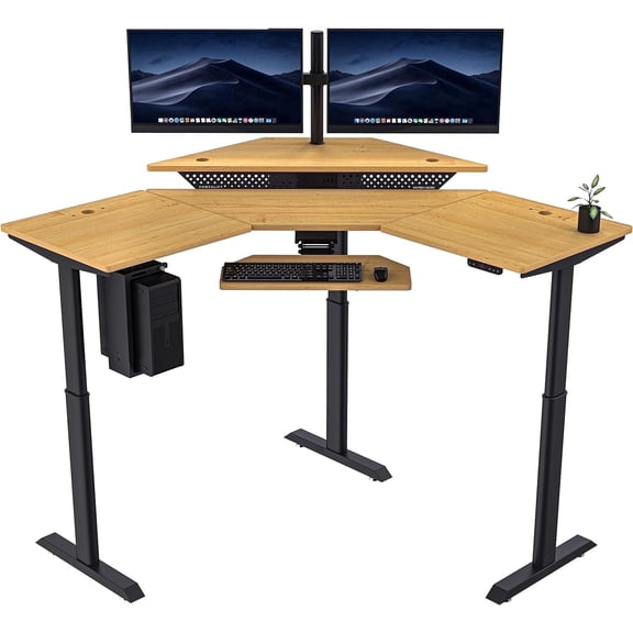 VersaDesk® PowerLift Corner Electric Desk Workstation, Electric Corner Desk Adjustable Height L-Shaped Office Desk with Programmable Controls | Maple Surface (60" x 60")