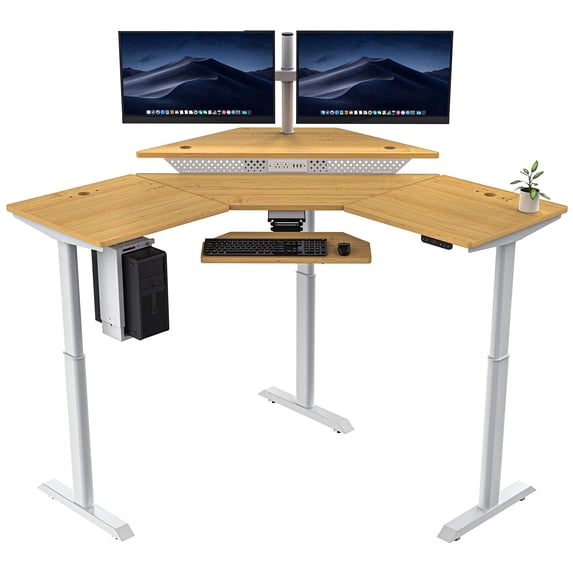 VersaDesk® Powerlift Electric Corner Desk, L-Shaped standing desk converter for Home & Office | White Frame, Maple Surface (60"x72")
