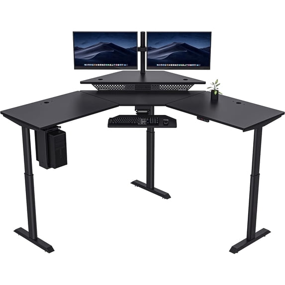 VersaDesk® Powerlift Electric Corner Desk, Height Adjustable standing desk converter for Home & Office | Black Frame, Black Surface (72"x72")