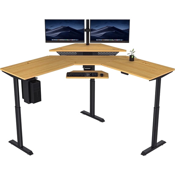 VersaDesk® Powerlift Electric Corner Desk, Height Adjustable standing desk converter for Home & Office | Black Frame, Maple Surface (72"x72")