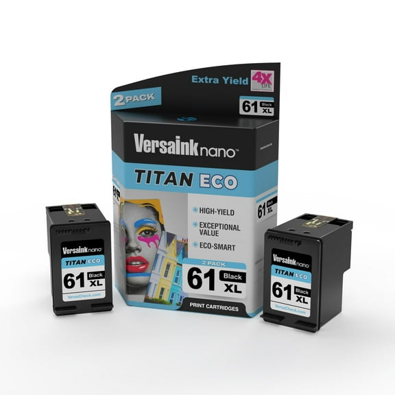 VersaInk-Nano 61 XL Titan ECO High-Yield Black Ink Cartridge 2-Pack Replacement of HP 61 and 61 XL, Works with HP DESKJET 3510,1010,3050,3050A,3000,1000,2540, Envy 5530,4500, OFFICEJET 4630